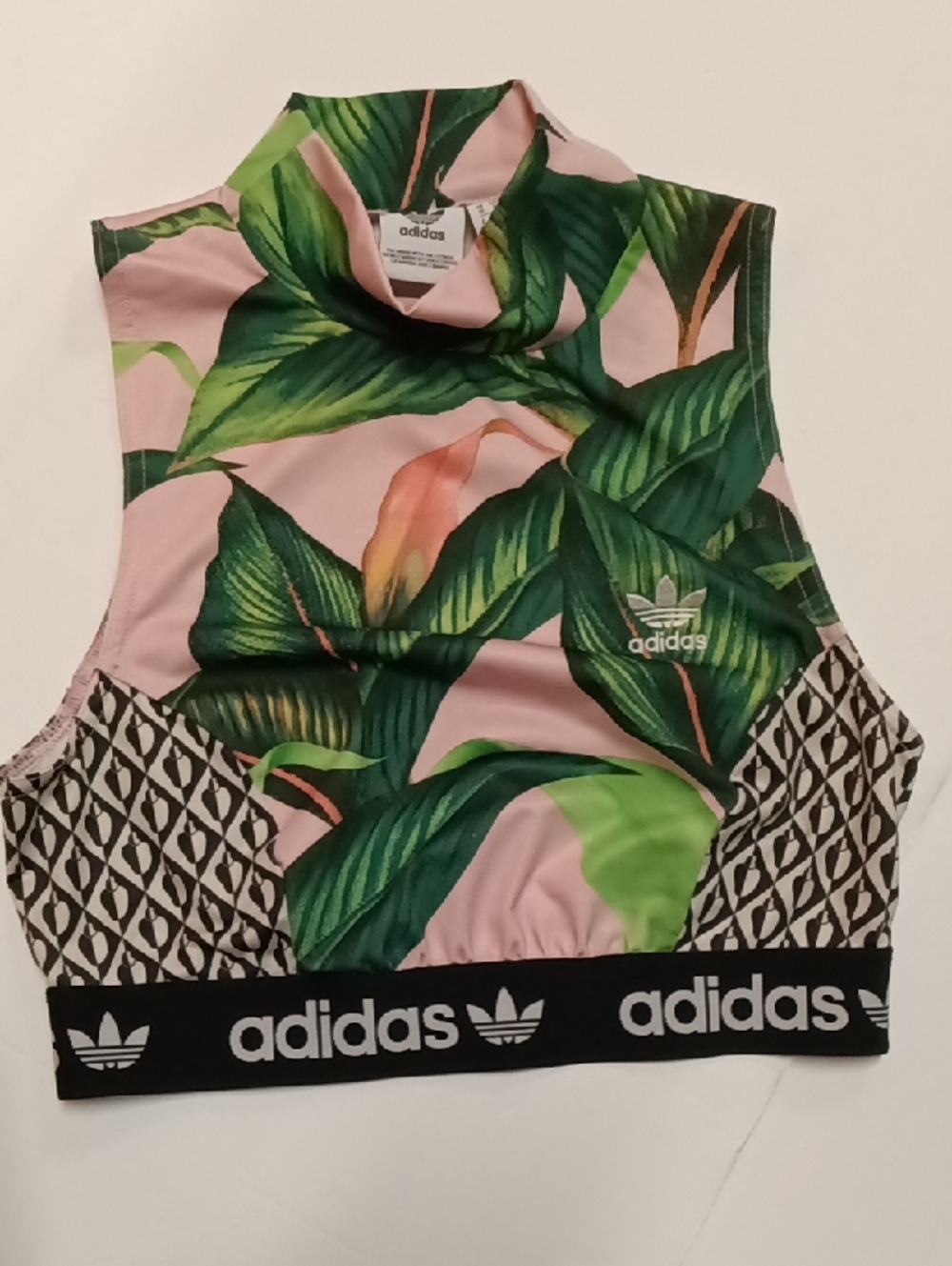 adidas x Farm Rio Tropical Print Cropped Mock Neck Sports Top -Pink & Green - Picture 2 of 9